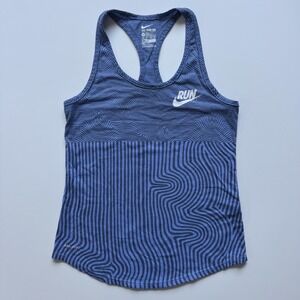 NIKE Dri-Fit‎ Athletic Cut Run Beyond Printed Tank Top Womens XS Blue Curved Hem